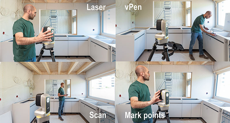 Leica iCON iCS50 with worker in green T-shirt showing four different applications: line scan, laser measurement, measuring using the vPen, and marking points on a wall.